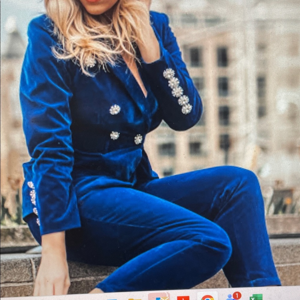 Blue Velvet diamond flower button double breasted Women's suit - stunning